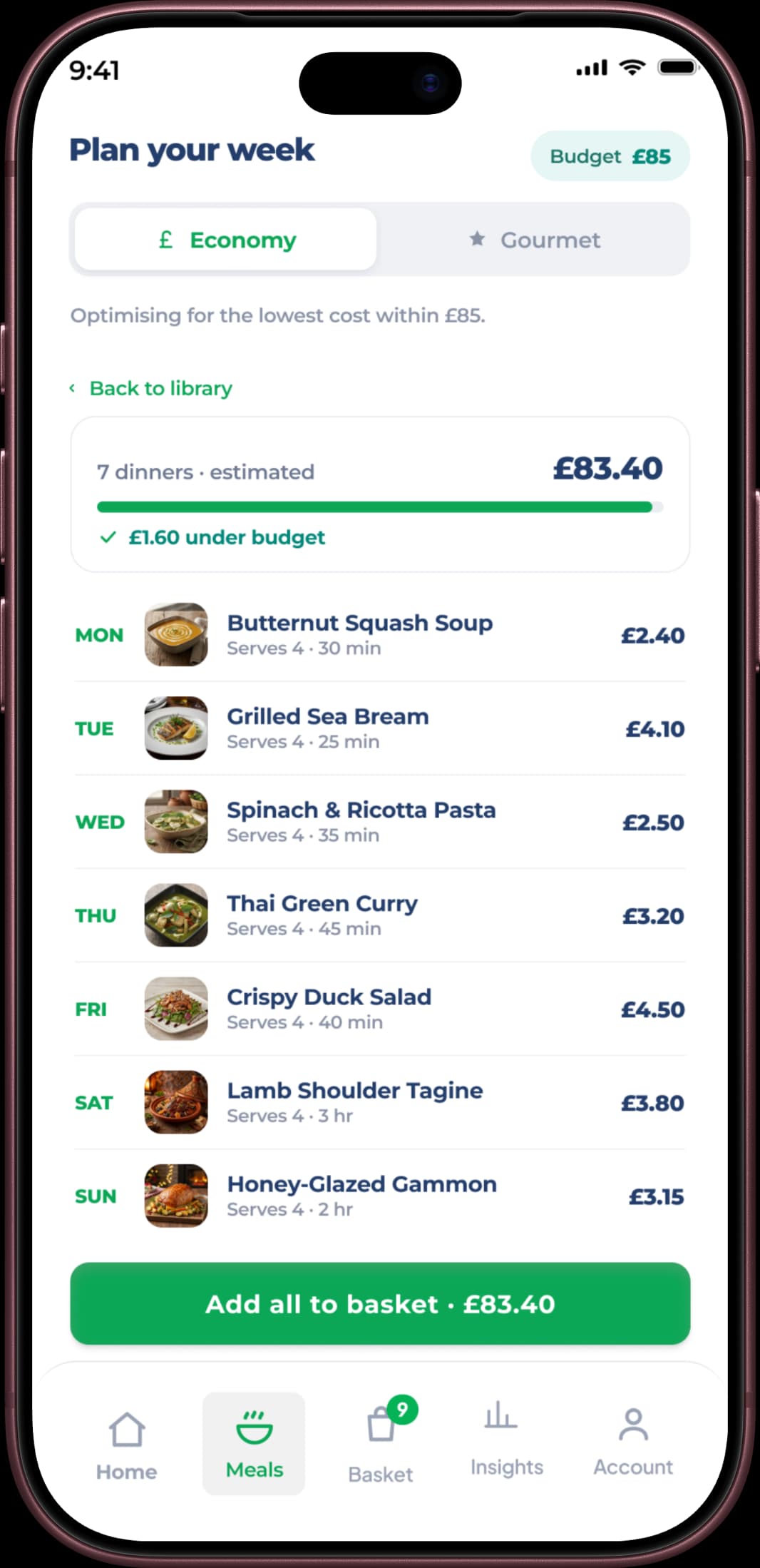 A generated week of seven Spend Pilot dinners totalling £83.40, £1.60 under the weekly budget